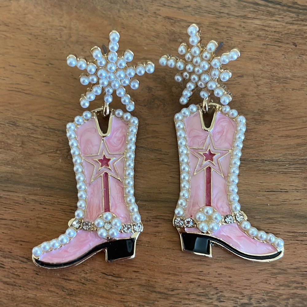 Pink Pearl Cowgirl Boot Earrings